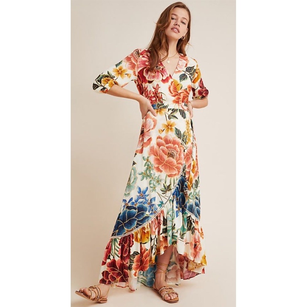 Farm Rio Anthropologie Amorina Wrap Maxi Dress Tropical Floral Ruffled Size S